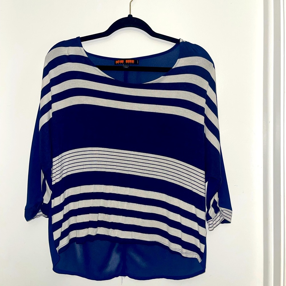 Small Navy blue and white stripes shirt.